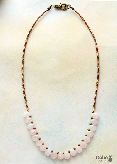 Boho Necklace, Blue Amazonite, Seed Beads Rose Quartz
